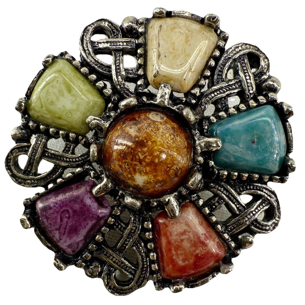 Celtic Scottish‎ Shield Glass-Look Silver-Tone Brooch Scarf Clip 1.5" VTG EUC